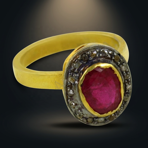 Vintage Women's Yellow Gold Plated <b>Silver</b> Ruby Pave Setting Engagement <b>Ring</b> - Product Image 1