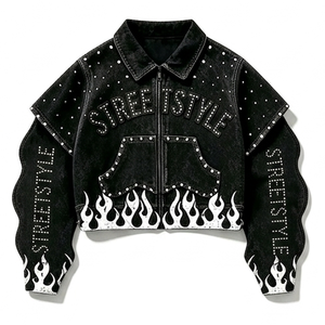 Ensemble 2 pièces unisexe personnalisé : veste en jean noire courte et jean, imprimé étoiles et flammes cloutées, style streetwear, tenues assorties, fournisseur en gros - Product Image 5