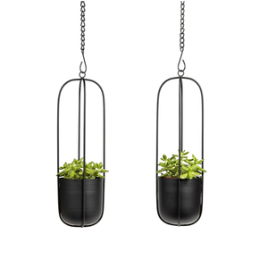 Ensemble de 2 jardinières suspendues ovales en métal noir moderne, supports minimalistes en fer pour plantes d'intérieur et d'extérieur, pots à fleurs géométriques - Product Image 1