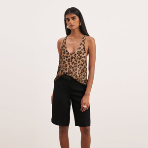 Top sin mangas con cuello redondo y estampado de leopardo para mujer, de gasa, informal, sin mangas, longitud regular, transpirable, de poliéster tejido de 120 g, con diseño estampado. - Product Image 1