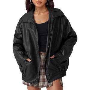 Veste bomber en similicuir PU pour femme, style motard, avec fermeture éclair, coupe ample, pour l'automne et l'hiver, avec poches - Product Image 1