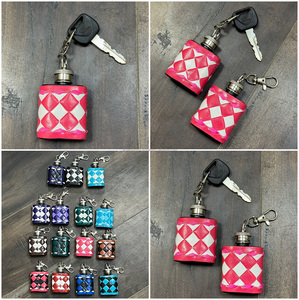 Stylish Tooled Checkered Leather <b>Mini</b> Hip Flasks Keychain Pocket <b>Bottle</b> Wine Holder with Clip Compact Travel Gift for Unisex - Product Image 3