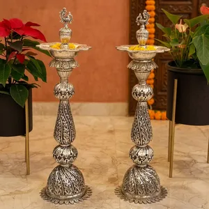 SILVER PLATED FINE CARVING SAMAI / <b>LAMP</b> BIG SIZE WITH ROUND <b>BASE</b> - Product Image 4