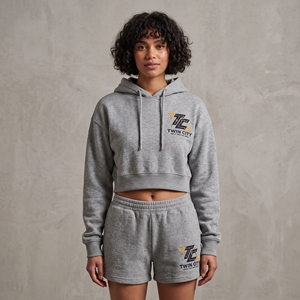 Ensemble sweat à capuche court et short gris pour femme Twin City, tenue décontractée en molleton deux pièces, idéal printemps-été - Product Image 4