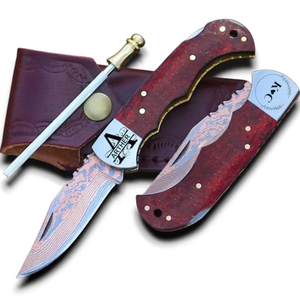 Couteau pliant en acier damas cuivré forgé à la main UA Supplies, manche en micarta rouge, personnalisable, couteau de poche à pointe tombante de 6,5 pouces pour EDC - Product Image 1