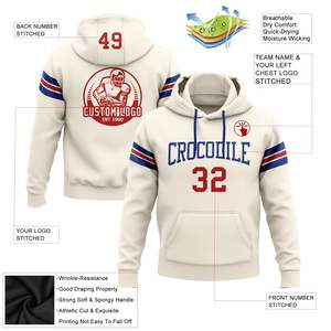 Custom Football Team <b>Hoodie</b> Men's Sporty Pullover Sweatshirt with Pocket and Logo Print <b>Red</b> Blue Stripes Front Back Design - Product Image 2