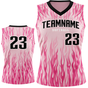 Camiseta de Softbol sin Mangas con Sublimación Completa, Diseño de Llama Rosa, Cuello en V, Uniforme Personalizado para Equipo con Número Impreso en la Espalda - Product Image 1