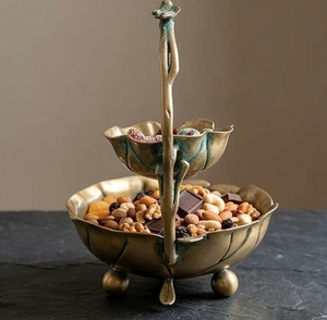 Antique Brass Two-Tier Nut <b>Bowl</b> with Bird Design <b>Metal</b> Leaf Shaped Serving Stand - Product Image 4