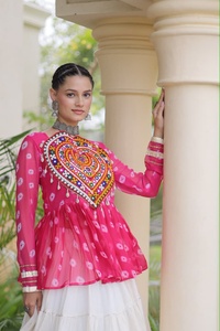 Traditional <b>Indian</b> Kora Cotton Frill Stitch Lehenga Embossed Print Kutchi Gamthi Patchwork <b>Top</b> Floor-Length Regular Fit Party - Product Image 2