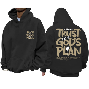 Sweat à capuche décontracté pour homme en coton noir French Terry, imprimé avec motif de verset biblique et lettres, 370g – Collection Automne « Trust Gods Plan » - Product Image 1