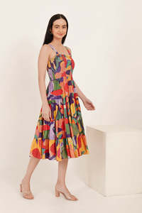 Colorful Geometric Print Chiffon Midi <b>Dress</b> <b>Spaghetti</b> <b>Strap</b> Tiered A-Line Casual Summer <b>Dress</b> Women Breathable Woven Fabric - Product Image 2
