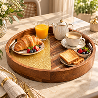 Plateau de service rond en bois naturel émaillé |   Plateau de table décoratif à accents dorés avec poignées découpées, ensemble de service pour la maison et la cuisine, idéal comme cadeau