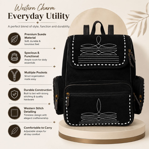Western Genuine Suede <b>Leather</b> <b>Backpack</b> with Embroidered Stitch Detail Multi Pocket Travel <b>Laptop</b> School Fashion <b>Backpack</b> Women - Product Image 4
