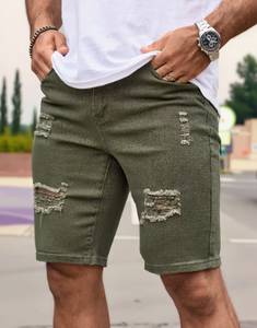 <b>Men's</b> Olive <b>Green</b> Ripped Denim <b>Shorts</b> Mid Waist Casual Summer Jean <b>Shorts</b> - Product Image 3