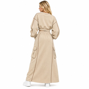 Boutique Wholesale Cropped Hoodies Cargo Maxi <b>Skirt</b> Set Custom Applique Letter <b>Utility</b> Pockets Women's Tracksuit Contrast Piping - Product Image 5