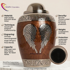 Top Selling Brass Cremation Urns Brown Gloss Finish Silver Hand Carved Angel Wings Floral Band Large Funeral Adult Memorial Jars - Product Image 6