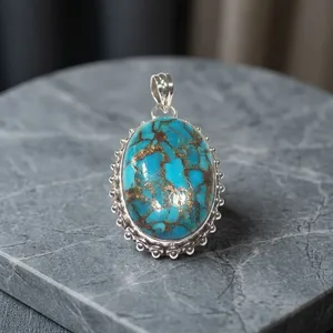 925 Sterling Silver Blue Copper Turquoise Pendant Handmade Natural Gemstone Vintage Bohemian Jewelry For Women Wholesale - Product Image 4