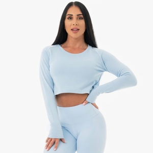 Custom Women <b>Light</b> <b>Blue</b> Cropped <b>Long</b> <b>Sleeve</b> Pullover Crew Neck Knitted Polyester/Cotton <b>Top</b> Breathable Spring Casual Wear - Product Image 1