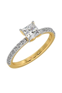 Anillo Solitario de Corte Princesa de 1 Quilate, Creado en Laboratorio, con Banda de Diamantes Pavé en Oro Amarillo, Anillo de Compromiso y Boda Clásico en Plata - Product Image 2