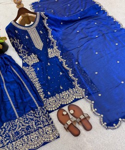 Conjunto de Diseñador Fendi: Top de Seda con Bordado y Lentejuelas, Pantalón Palazzo y Dupatta, Ropa Festiva, Precio al por Mayor, Prenda Étnica Azul - Product Image 4