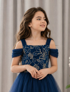 Vestido de Princesa de Tul para Niñas, Color Azul Marino, Hombros Descubiertos, Bordado, Largo hasta el Suelo, Vestido Formal para Bodas, Fiestas y Concursos - Product Image 3