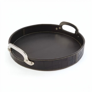 <b>Black</b> Leather Material Round Shape Food <b>Serving</b> <b>Tray</b> Fancy Style Luxury Handmade Home Accent Decorative <b>Tray</b> - Product Image 1