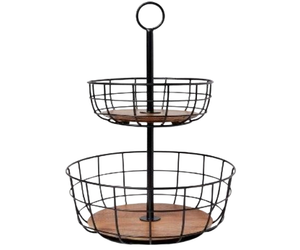 Promotion : Support à fruits en fil métallique à 2 niveaux avec base en bois – Organisateur de table moderne style ferme pour cuisine et comptoir de salle à manger - Product Image 1
