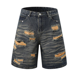 Professional Logo Printed Men's Washed Denim Shorts High Quality Breathable Summer Stretch Jeans Distressed Denim Shorts - Product Image 1