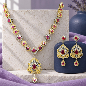 Wholesale Gold Plated Ruby CZ Necklace Earrings Maang <b>Tikka</b> Set Pakistani Bridal Jewelry Bulk Order - Product Image 2