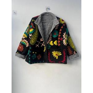 Amorzinho Hand Embroidered Floral Suzani Raw Unisex Full Sleeve Stand Collar <b>Black</b> <b>Velvet</b> 300g Eco-Friendly Winter Style Cotton - Product Image 1