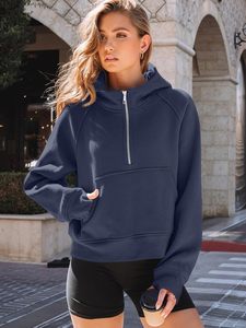 <b>Women's</b> Dark <b>Blue</b> Hooded Quarter Zip Breathable Streetwear Sweatshirt Casual <b>Fleece</b> Pullover Front Pocket Regular Fit Winter - Product Image 1