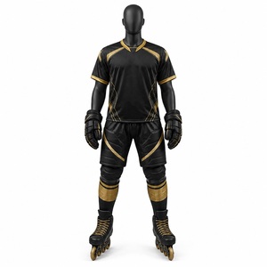 Tenue de hockey sur roulettes noire et or, maillot en mesh, short, chaussettes, vêtements de sport pour équipe adulte, design personnalisé, équipement de performance - Product Image 1