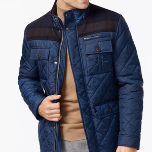 Men's Navy Blue Canvas <b>Quilted</b> Jacket Stand Collar Zipper Closure Windproof Casual Winter Regular Fit Polyester <b>Wadding</b> Letter - Product Image 1