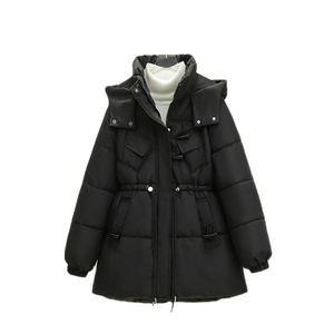 Veste d'hiver longue matelassée pour femme avec logo personnalisé, capuche et fermeture éclair, couleur verte unie, épaisse, en duvet, doudoune - Product Image 6