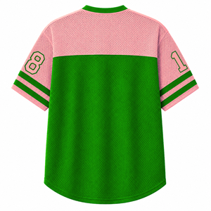 T-shirt personnalisé Alpha Kapa Alpha Sorority à col en V, coloris contrastés, manches courtes, vert et rose, style décontracté pour femme, en maille polyester - Product Image 3