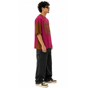 Camiseta Oversize para Hombre, Color Rojo Marrón con Bloques de Color, Estampado con Letras 'Good Vibes' en Relieve, Manga Corta, Cuello Redondo, Estilo Casual Tejido - Product Image 5