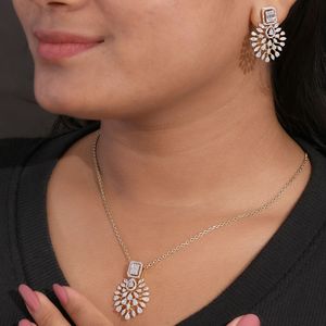 Lab Grown Diamond Floral Pendant Necklace Pear & <b>Emerald</b> Cut Diamond Drop Pendant White Gold Bridal Necklace Wedding Jewelry - Product Image 4