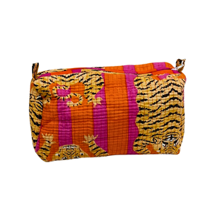 Juego de 3 bolsas de cosméticos/neceser con estampado de rayas de tigre en negrita-naranja y fucsia - Product Image 1
