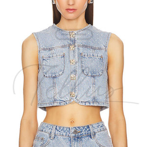 Tops en jean pour femmes de haute qualité, tendance et ornés de strass, vente en gros, design et logo personnalisés. - Product Image 5