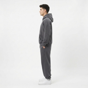<b>Men's</b> Solid <b>Grey</b> Oversized <b>Hoodie</b> and Sweatpants Set Casual Loose Tracksuit Customized Logo Printing - Product Image 4