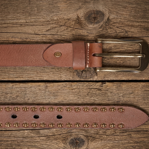 <b>Top</b> Brand Professional Custom Genuine Leather Men's Belt Brass Double Row Round Rivets Gold Pin <b>Buckle</b> Leather Belt for Unisex - Product Image 6