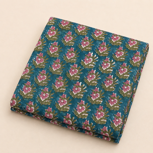 Tela de Algodón Estampada a Mano con Diseño Floral Buta en Rosa y Verde Azulado, Suave y Transpirable, para Confección de Kurta y Decoración del Hogar - Product Image 2