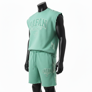 Ensemble court sans manches 100 % coton premium pour homme, en molleton de coton vert menthe, avec shorts athlétiques à bords bruts et logo personnalisé imprimé en relief - Product Image 5