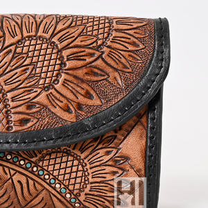 Luxury Vintage Style Women's <b>Genuine</b> Cowhide <b>Leather</b> Trifold <b>Wallet</b> Floral Tassel Custom OEM RFID Long Tooling Carving Features - Product Image 5