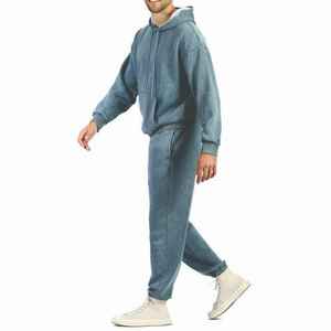 Conjunto Deportivo para Hombre, Sudadera con Capucha Azul de Algodón, Pantalones Largos, Corte Holgado Informal, Color Sólido, Transpirable, Estilo Lavado Ácido, para Otoño - Product Image 1