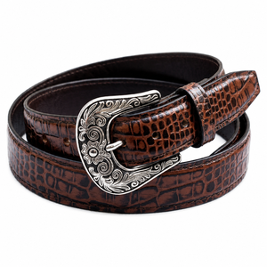 Ceinture en cuir PU pour homme, style western, avec boucle ardillon en alliage, motif crocodile gaufré, marron orné, vintage, style cowboy, accessoires décontractés, vente en gros - Product Image 4