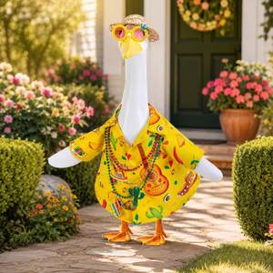 Tenue de canard de jardin Fiesta : Chemise jaune, chapeau de paille, lunettes fantaisie, colliers de perles, statue de porche, costume de fête - Product Image 1