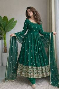 Emerald Green Embroidered Anarkali Suit With Dupatta Floor-Length Traditional Indian Pakistani Women's Wear Fit Party Dress - Product Image 2