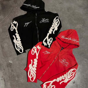 Streetwear Vintage <b>Washed</b> Zip-Up Tracksuit Set Mens Thick Cotton Hoodie & Sweatpants with Custom Embroidery and Rhinestone - Product Image 5