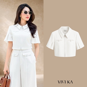 Blusa Corta Blanca con Cierre Frontal para Mujer, Manga Corta, Cuello Camisero, Estilo Minimalista y Elegante para Oficina, Uso Diario, Primavera/Verano LEX - Product Image 1